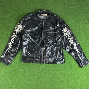 Vtg BC Ethic Black Faux Leather Skull Graphic Jacket Men’s Small Moto Punk Style